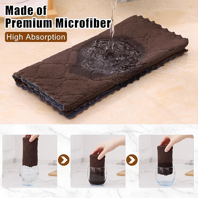 Mordimy 12 Pack Kitchen Towels (20" x 10", Dark Grey & Brown), Super Soft and Absorbent Dish Towels, Coral Velvet Microfiber Cleaning Cloth, Nonstick Oil Fast Dry Dish Cloths