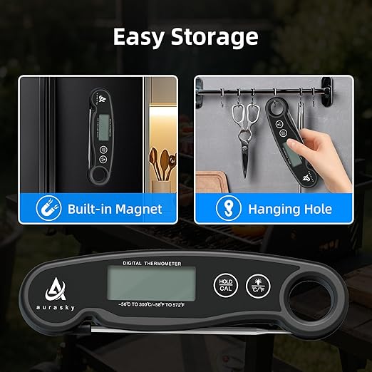 Instant-Read Meat Thermometer Digital for Cooking and Grilling, Waterproof Food Thermometer with Backlight, Calibration & Hold Function for Kitchen, BBQ, Deep Fry, Candy, Liquid (Black)