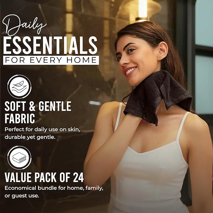 RIVERSIDE Pack of 24 Wash Cloths for Showering, 12 x 12 Inches, Super Soft & Absorbent, 100% Cotton Washcloths Premium Quality Flannel Face Cloths for Bathroom, Gym, Spa (Coffee Brown, 24 Pack)