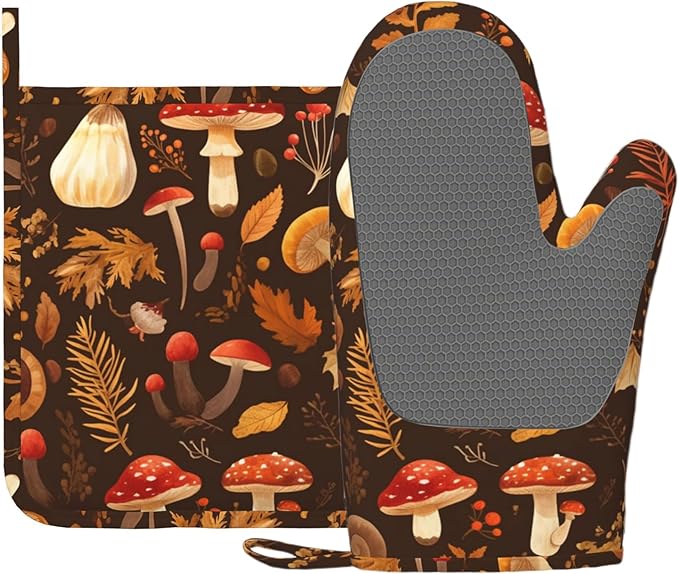 Mushroom Oven Mitts and Pot Holders Sets Vintage Leaf Silicone Kitchen Mitts Potholders Heat Resistant Oven Gloves Hot Pads for Kitchen Baking Cooking