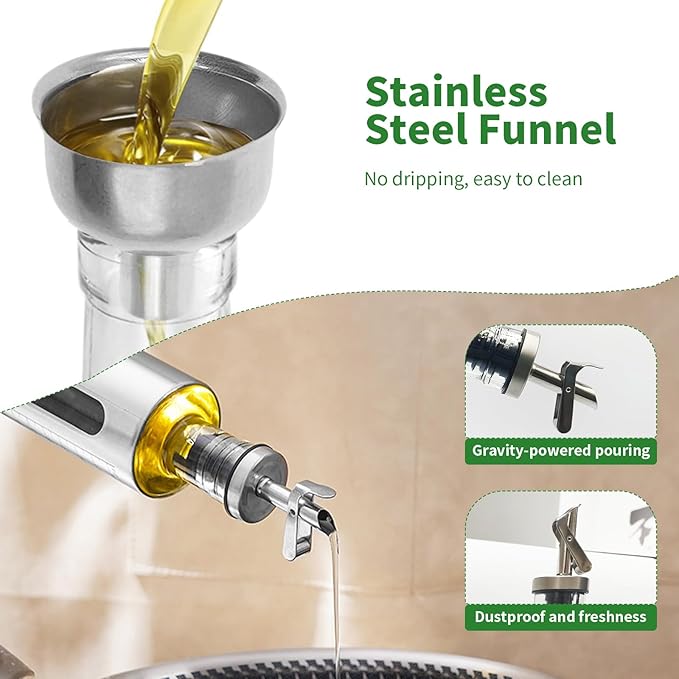 10oz/300 ml Olive Oil Dispenser Bottle, 2 Pack Glass Oil and Vinegar Dispenser Set with Tray, Vinegar and Sauce Bottle Wrapped in Stainless Steel Shell with Pourer and Funnel for Kitchen Cooking