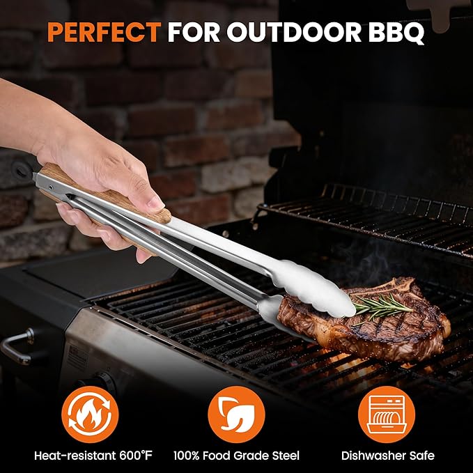 12-Inch Stainless Steel Kitchen Tongs for Cooking,Locking Metal Tongs with Oak Wood Handles,Cooking Tongs for Grilling,BBQ,Serving and Outdoor Barbecue,Heavy Duty,Heat-Resistant and Durable
