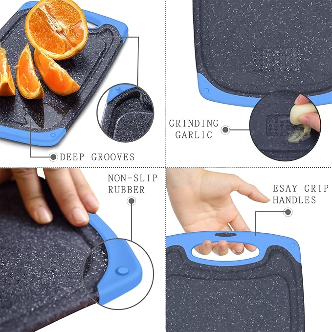 Plastic Cutting Board, 3 Pieces Dishwasher Safe Cutting Boards with Juice Grooves, Easy Grip Handle, Non-Slip, with Grinding Area for Grinding Garlic and Ginger（blue）