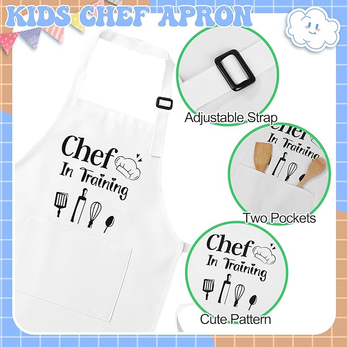 2 Pack Kids Apron and Chef Hat Adjustable Kitchen Cooking Apron with Pockets Kids Funny Apron for Girls Boys