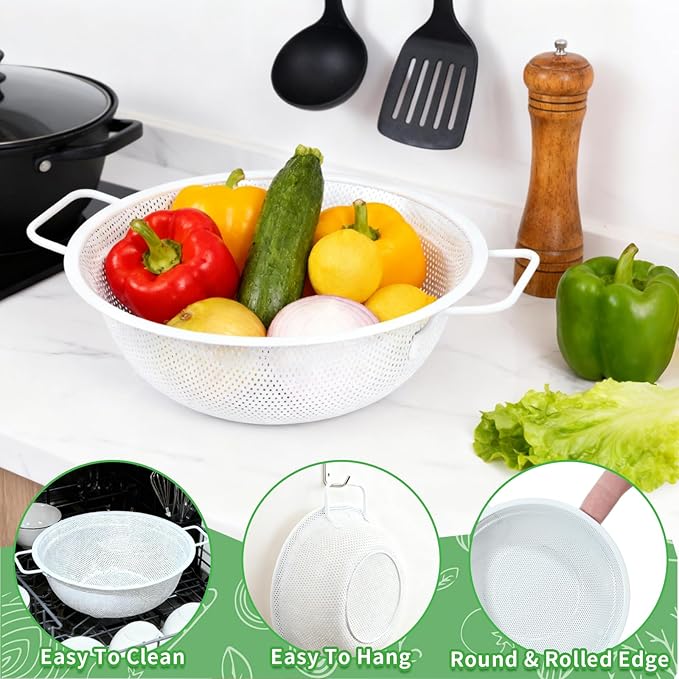 Colander Set with White Coating, Stainless Steel Micro-Perforated Colanders Strainers for Draining Rinsing Washing, Ideal for Vegetables Fruits, Heavy Duty & Dishwasher Safe