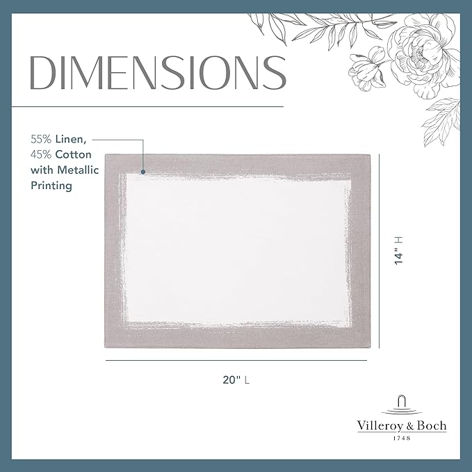 Elrene Home Fashions Villeroy & Boch Metallic Brushstroke Modern Linen Blend Placemat Set, 14 Inches x 20 Inches, Set of 4, White and Silver