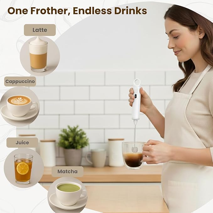 Rechargeable Milk Frother Handheld 3 Speed Coffee Foamer [3 Whisk] Electric Drink Mixer for Latte, Cappuccino, Coffee, Eggs, Hot Chocolate, White