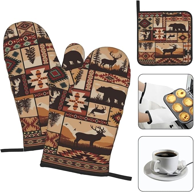 3 - Piece Brown Rustic Wildlife Oven Mitts & Pot Holders Sets, Cute Decorative Heat Resistant Kitchen Gloves and Hot Pad for Cooking Baking BBQ, Gifts for Outdoor Nature Lovers Baker Camper Stuff