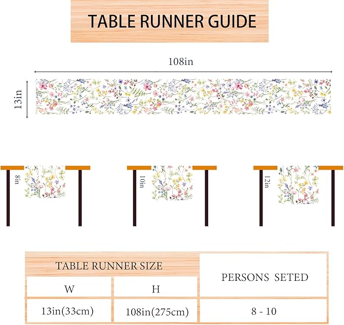 Watercolor Flowers Spring Table Runner Farmhouse Spring Summer Easter Flower Floral Home Kitchen Dining Room Table Decorations 13x108 Inch