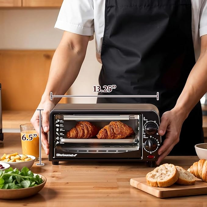Elite Gourmet ETO236 Personal Compact 2 Slice Countertop Toaster Oven with 15 Minute Timer & Adjustable Temperature, Bake, Broil, & Toast, Black