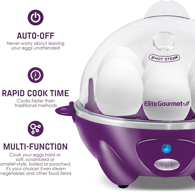 Elite Gourmet EGC700P# Rapid Egg Cooker, 7 Easy-To-Peel, Hard, Medium, Soft Boiled Eggs, Poacher, Omelet Maker, Auto Shut-Off, Alarm, 16-Recipe Booklet, BPA-Free, Eggplant