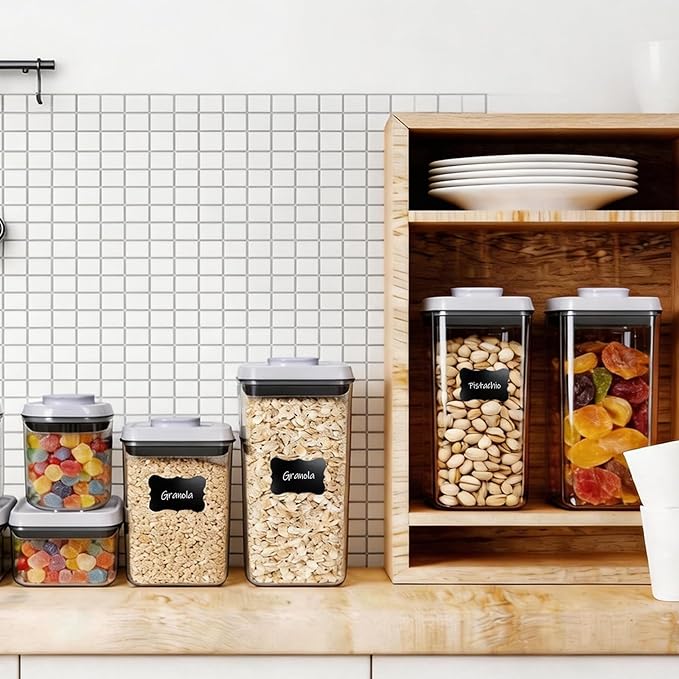6 Pcs POP Container Set, Airtight Food Storage with Lids, Push Button Seal BPA-Free Set for Pantry, 0.65QT/0.7QT/1.8QT/2.4QT for Bulk Dry Food, Cereal, Flour, Sugar, RV Kitchen Storage