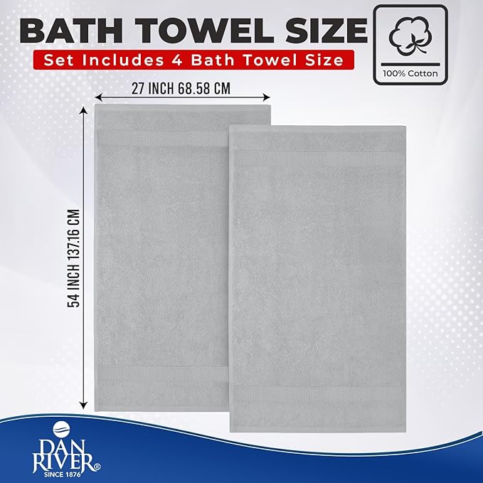 DAN RIVER Bath Towels Set of 4, 27 x 54 Inches, 100% Cotton, Larger & Lighter Weight, Quicker to Dry, Super Soft and Absorbent, Ideal Thick Towels for Daily Use, Silver