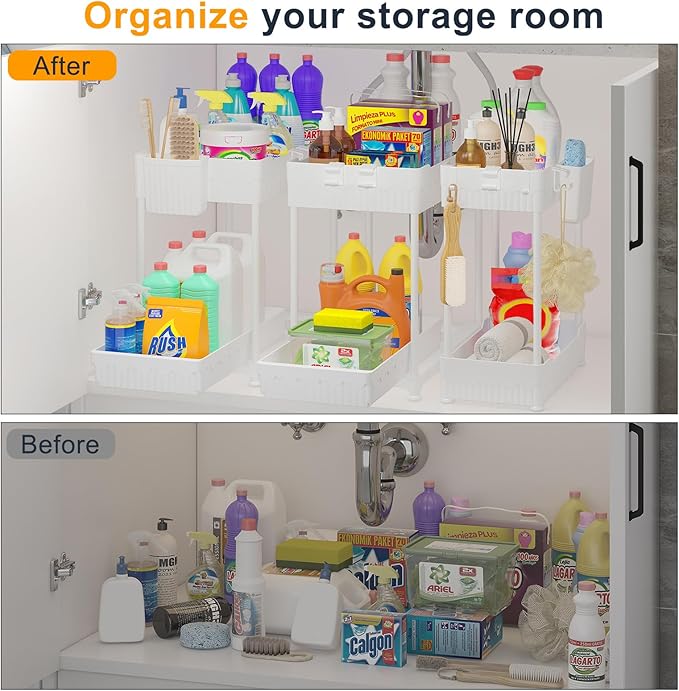 Sevenblue 3 Pack Under Sink Organizers, 2-Tier Multi-Use Kitchen and Bathroom Organizers and Storage with Sliding Drawers, Bathroom Cabinet Organizer (White, 12.8 Inch)