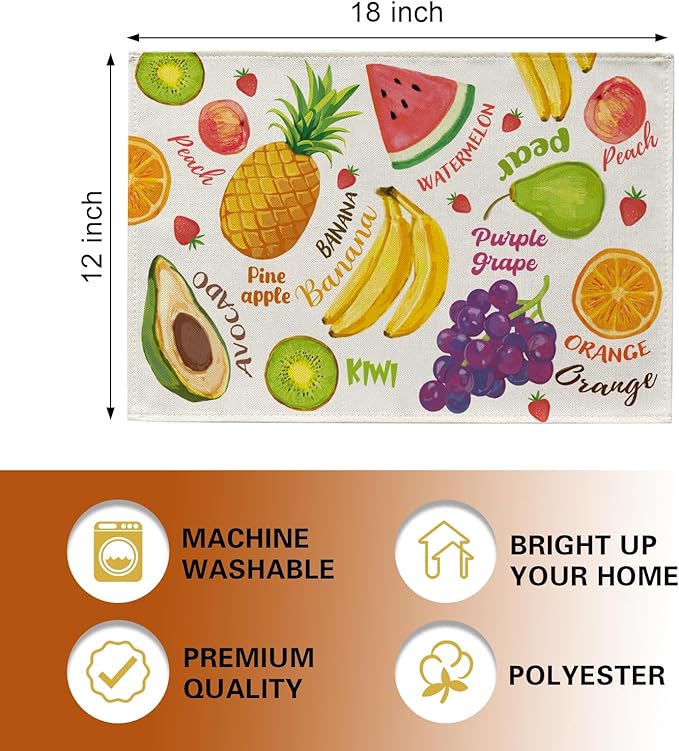 Watercolor Fruit Placemats Set of 4, Spring Summer Watermelon Pineapple Banana Orange Dining Table Place Mats, Grapes Pearl Peach Kiwi Avocado Strawberry Kitchen Home Decoration 12''x18''