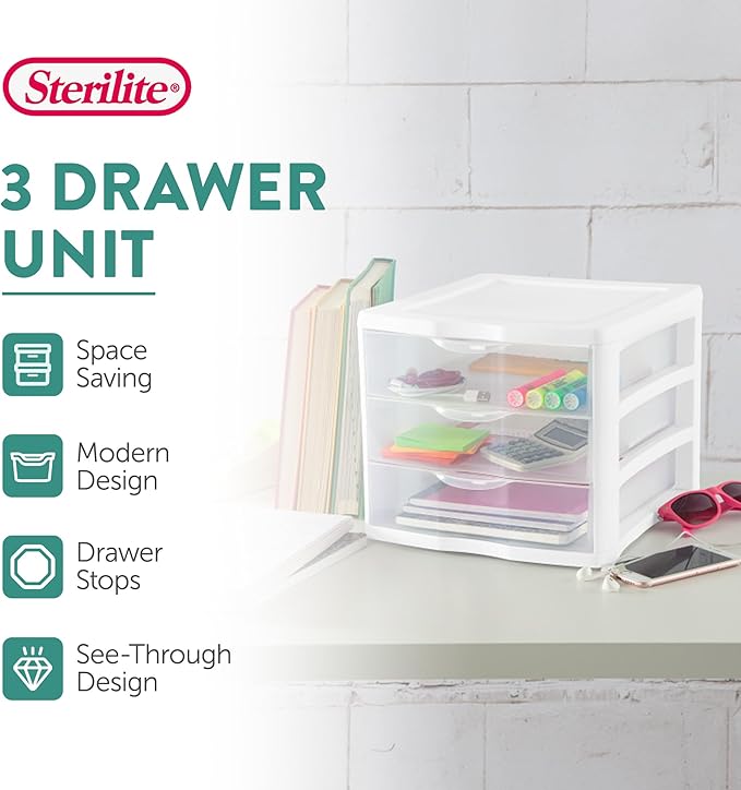 STERILITE 3 Drawer Desktop Storage Unit, Tabletop Organizer for Desk, Countertop at Home, Office, Bathroom, White with Clear Drawers, (Pack of 4)
