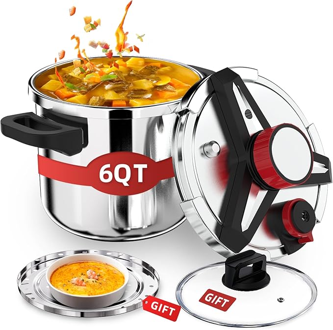 3-In-1 304 Stainless Steel Pressure Cooker 6.3 Quart: [Explosion-Proof] [3 PSI Settings], One-Hand Locking Pressure Canner, Induction Compatible, Glass Lid & Steamer Rack Included, Olla de Presion,N3
