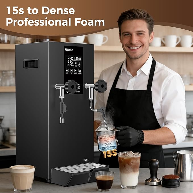 Commercial Steam Milk Frother,1.6Bar Fast Frothing in 15s,2000W 8L Boiler for Continuous Use, Temp Probe, Triple Safety, 3-in-1 Hot Water & Steam with LED Display for Coffee Shops& Restaurant
