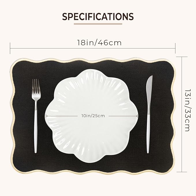 AHHFSMEI Faux Linen Placemats Set of 6 Heat Resistant Non-Slip Stain Proof Table Mats for Kitchen Dining Elegant Decor Place Mats (Black)