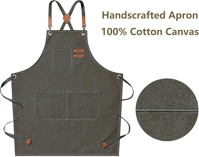 AFUN Chef Aprons for Men Women with Oversized Pockets, 16-Ounce Cotton Canvas Cross Back Heavy Duty Work Apron (Grey Green)