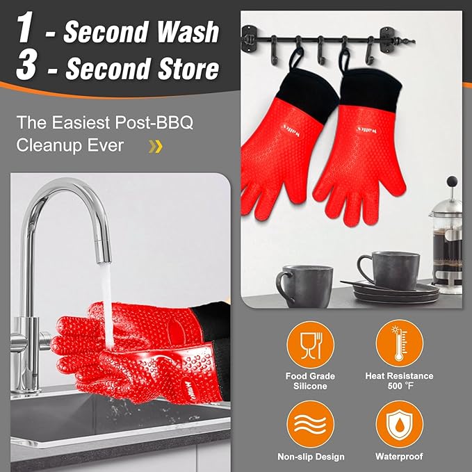 Walfos Silicone BBQ Gloves - Heat Resistant Grilling Gloves Set with Pork Shredder Claws & Brush, Non-Slip Kitchen Silicone Oven Mitt with Protective Cotton Layer, Suit for Indoor & Outdoor, Red