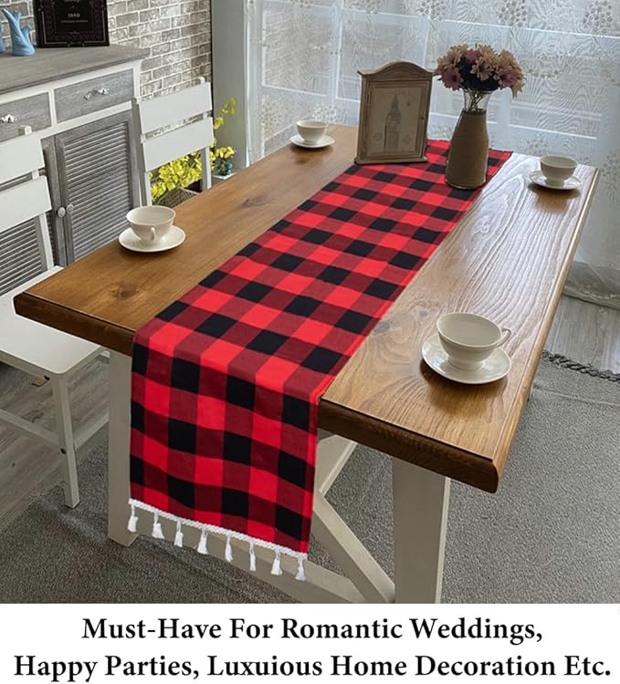 DUOBAO Checkered Table Runner 14x108-Inch Red and Black Buffalo Plaid Tablecloth Runners with Tassels Farmhouse Gingham Fabric for Dinner Parties Christmas Events (Red and Black)