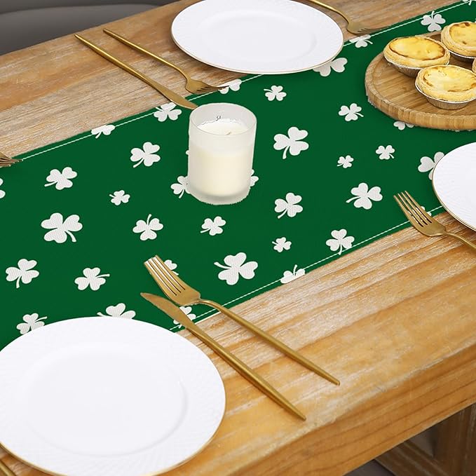ONFAON St Patricks Day Table Runner 13 x 72 Inch,Green Lucky Shamrock Seasonal Spring Holiday Table Decorations Home Party Kitchen Dining Table Decor