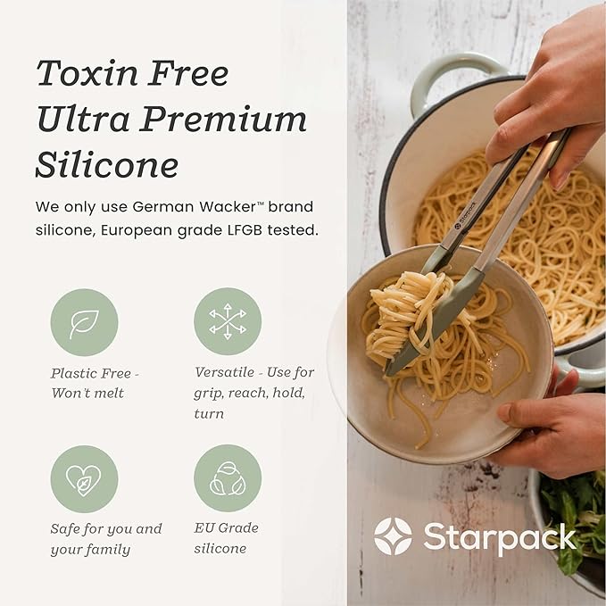 Starpack 'Get a Grip' Silicone Kitchen Tongs for Cooking 9 Inch - BBQ Silicone Tongs for Grill Heat Resistant to 600°F - Stainless Steel Utensils with Non Stick Rubber Tips for Serving Food