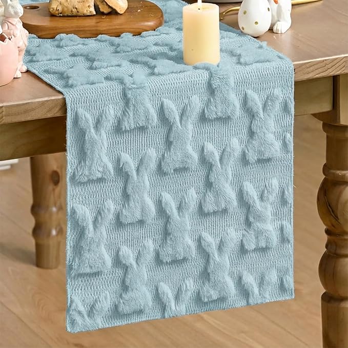 Artoid Mode Blue Soft Plush Faux Fur Jacquard Bunny Rabbit Easter Table Runner, Seasonal Kitchen Dining Table Decoration for Home Party Decor 13x72 Inch