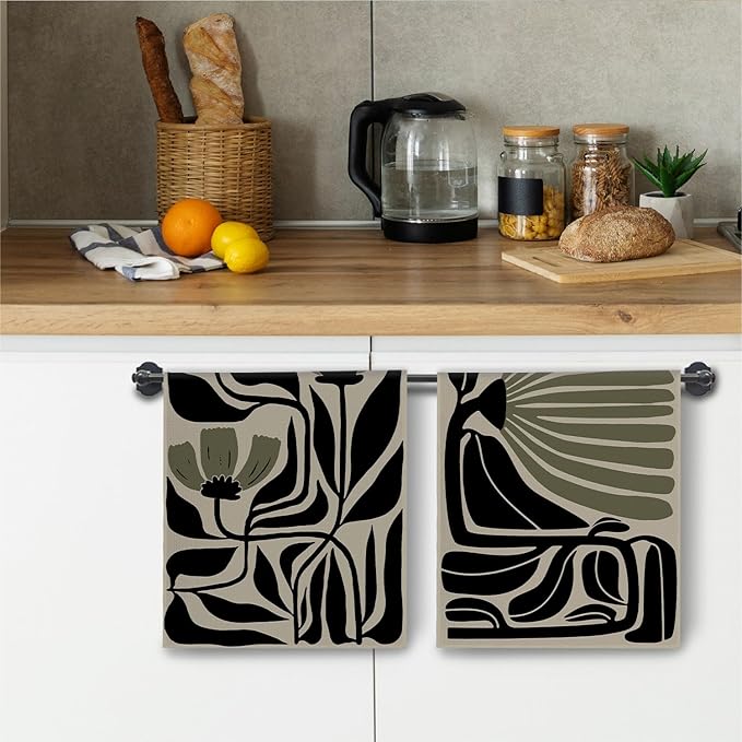 Abstract Boho Sage Green Floral Kitchen Towels, Retro Groovy 70s Boho Dish Towels for Kitchen, Mid Century Modern Green & Black Decorative Hand Towels for Bathroom, 16x24 Inch Set of 2