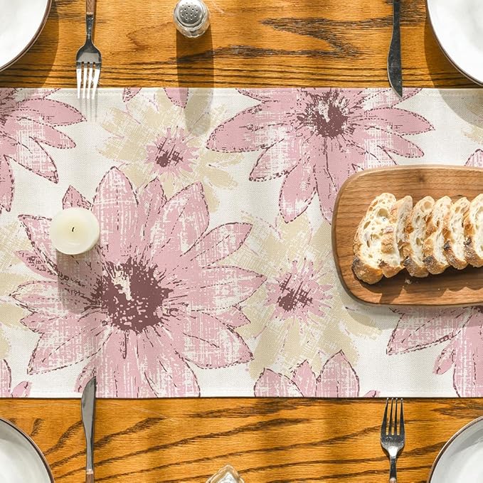 Artoid Mode Pink Retro Daisy Spring Table Runner, Seasonal Vintage Kitchen Dining Table Decoration for Home Party Decor 13x72 Inch