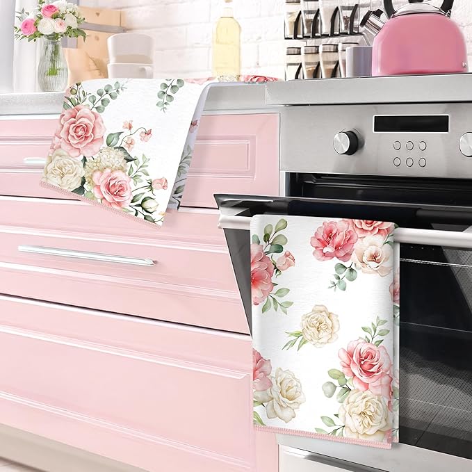 Pink Flower Microfiber Kitchen Towels, Soft Absorbent Watercolor Floral Hand Towel 15.7 × 23.6 Inch, Thick Dish Cloth for Party Anniversary Holiday Decoration, Housewarming Gifts for Mom