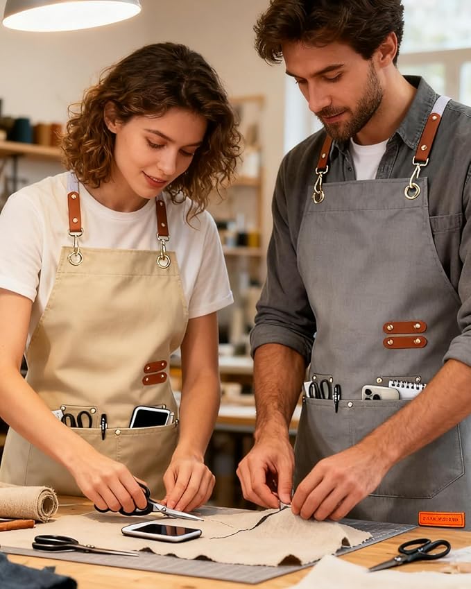 Teskyer Kitchen Cooking Apron with Pockets, Water Oil Resistant, Canvas Cross Back Aprons for Men Women Chef Server