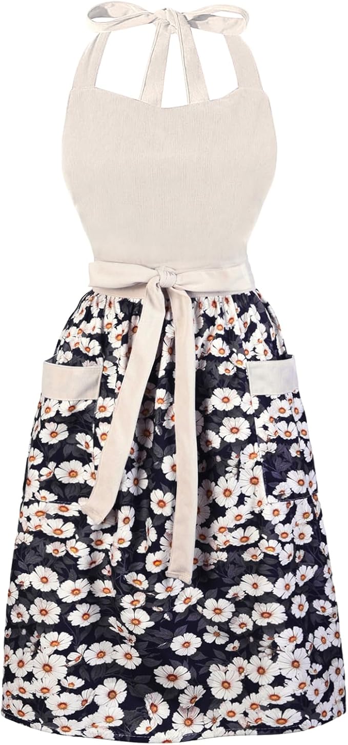 Cute Floral Aprons for Women with Pockets,Cotton Adjustable Neck Strap Apron for Kitchen Cooking Baking Gardening