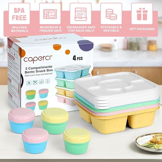 Caperci Original Lunchable Snack Containers for Kids & Adults - 5 Compartments Bento Snack Boxes with 4 Leakproof Small Containers, Wheat Straw, BPA-Free, Set of 4 (Vintage Colors)