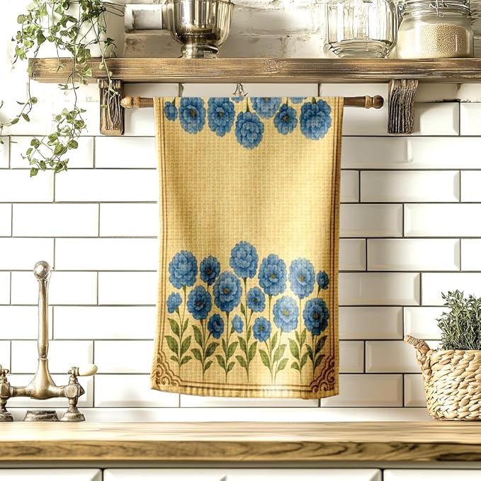 Easter Gift Kitchen Microfiber Waffle Tea Towels Set of 2 Absorbent & Fast Drying Dish Cloths for Cleaning,Vintage Floral Herbs Boho,Decorative Hand Towels for Bathroom, 20x28" (Vintage Blue Flower)