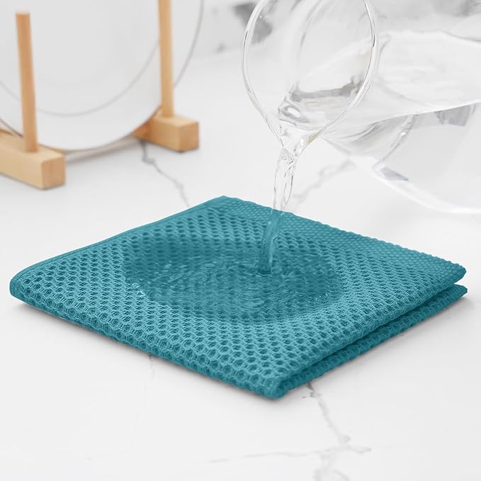 Kitinjoy 100% Cotton Kitchen Dish Cloths (12 X 12 Inches, Lake Blue), 6 Pack Waffle Weave Ultra Soft Absorbent Dish Towels for Drying Dishes Quick Drying Kitchen Towels Dish Rags