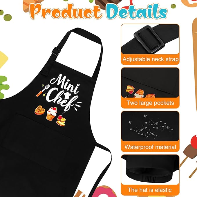 Kids Apron and Chef Hat Set, “Mini Chef” Funny Apron Adjustable Kitchen Apron for Boys and Girls