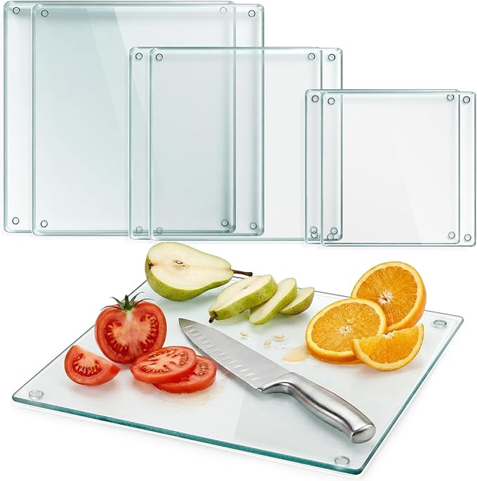 Hacaroa 6 Pack Tempered Glass Cutting Board for Kitchen, 8/10/12 Inch Square Chopping Board with Rubber Feet, Clear Non-slip Countertop Protector Pallette Mat, Heat Resistant, Easy to Clean, 3 Sizes