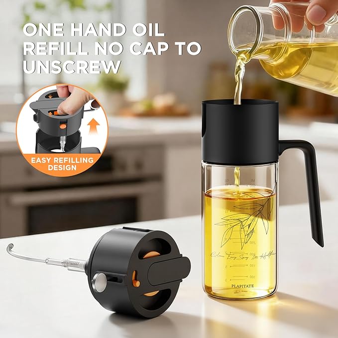 PLAPITATE 2Pcs 17oz Premium Olive Oil Sprayer for Cooking, 2 in 1 Glass Olive Oil Dispenser Bottle for Kitchen Gadgets, Spray Bottle with Portion Control for Salad, Frying, BBQ (2 Black)