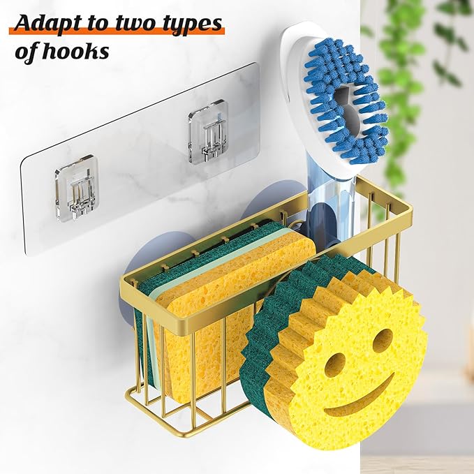 MURLONG Sponge Holder Smiley Face, Sink Caddy for kitchen Sink, Kitchen Organizer Sponge Holder with 2 PCS Suction Cups/1 PCS Adhesive Strips, Designed for Sponge, Soap, Dish brush, Scrubber-Gold