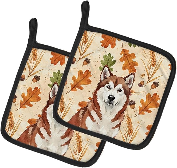 Caroline's Treasures Red and White Alaskan Malamute Heirloom Fall Pair of Pot Holders Pair 7.5x7.5 Quilted Insulated Hot Pads Decorative Kitchen Gift Made in USA