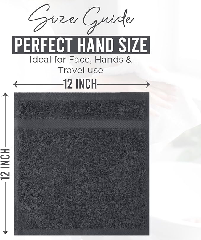 DAN RIVER 12-Pack Premium 100% Cotton Dark Gray Face Towels for Bathroom - Reusable Face Wash Cloths for Showering 12x12 Inches - 550 GSM Super Soft & Absorbent Luxury WashCloths for Body, Spa & Gym