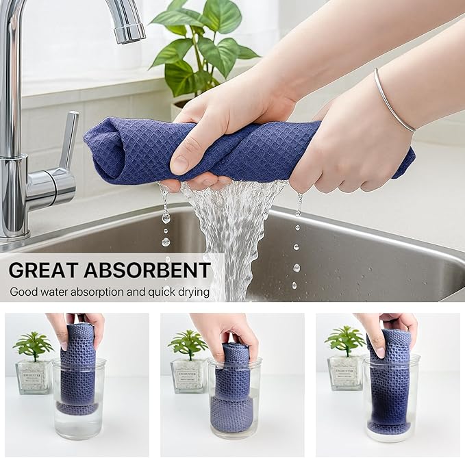 100% Cotton Waffle Weave Kitchen Towels, 6 Pack Dish Cloths for Washing Dishes, Ultra Soft Absorbent Dish Towels, Quick Drying Kitchen Rags, 12x12 Inches, Dark Blue