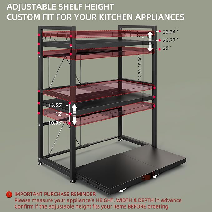 NETEL Expandable Microwave Stand,3 Tier Metal Kitchen Countertop Organizer Shelves with 8 Hooks,Bakers Rack,Pull-Out Microwave Shelf,110lbs Weight Capacity,Black