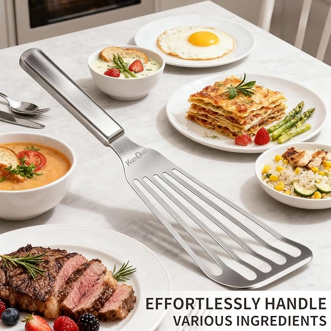 KSENDALO Thin Stainless Steel Fish Spatula, Metal Egg Turner, Professional Slotted Spatula Flipper for Kitchen Cooking Flipping Use, Dishwasher Safe