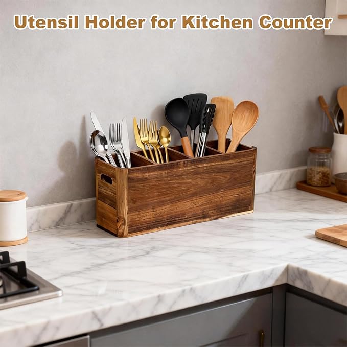 Utensil Holder, Kitchen Utensil Holder, Acacia Wooden Utensil Holder, Kitchen Utensil Holder for Countertop, Extra Large Utensil Holder for Storage Cooking Tools and Silverware with 4 Compartments