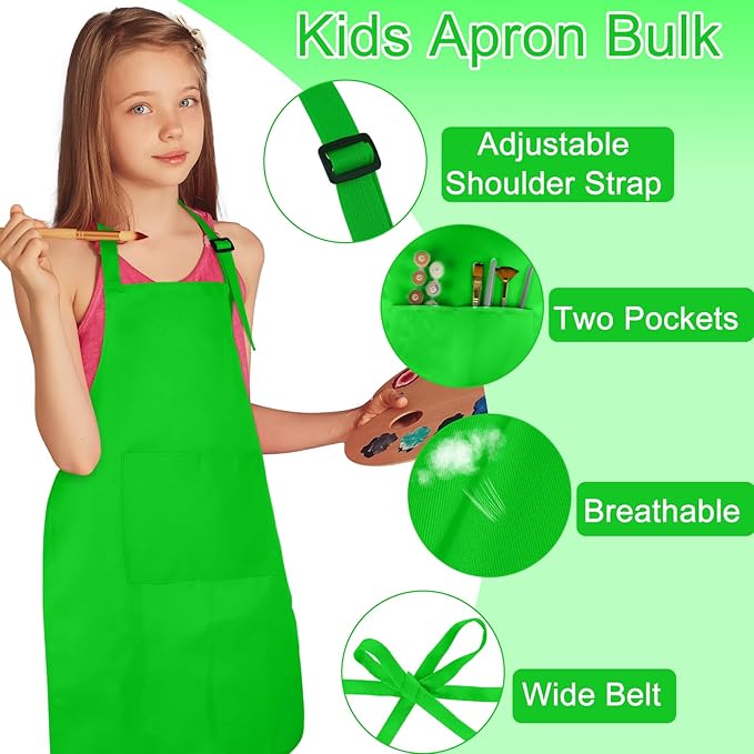 12 Pack Kids Apron Bulk with 2 Pockets Adjustable Chef Art Apron Kids Painting Aprons for Cooking Baking Painting Crafting Grilling Activity（Green）