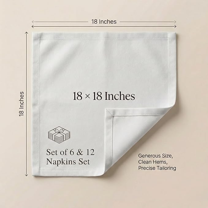 ACCENTHOME Cloth Napkins Set of 6 18x18 inch 100% Cotton Dinner Napkin Washable Hotel Quality Reusable Kitchen & Table Linen for Fall Thanksgiving Family Dinners Weddings & Everyday Use - White