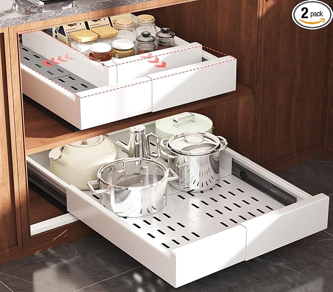 Seinloes 2 Pack Pull Out Cabinet Organizer Expandable Width(11"-16") and Depth(17"-24"),Slide Out Drawers with Raising Pad for Framed Cabinets,No Drill Roll Out Shelves for Kitchen,Bathroom,White